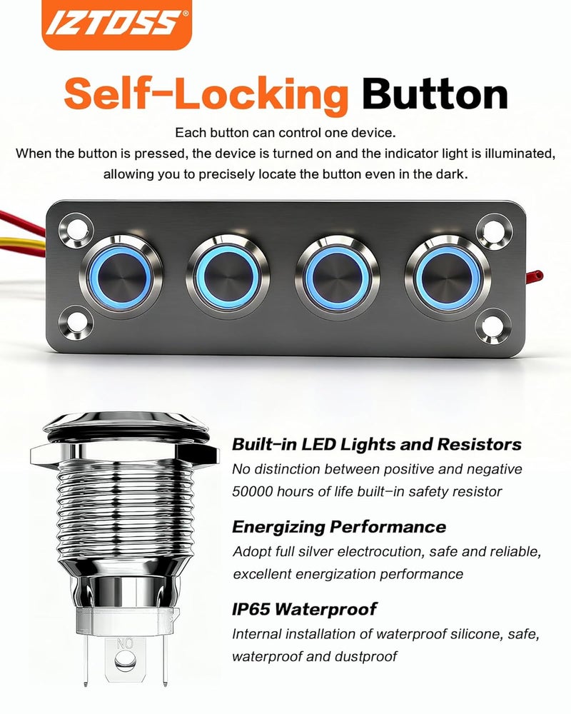 IZTOSS 4 Gang Aluminum Marine Rocker Switch Panel - Pre-Wired with Blue LED Indicator, 12-24 V Multi-Function Rocker Switch - Ideal for Marine motorhomes, Yachts - Image 2